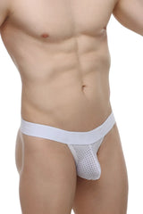 White mesh PetitQ G-string Attin Bee with solid white waistband shown from the back side