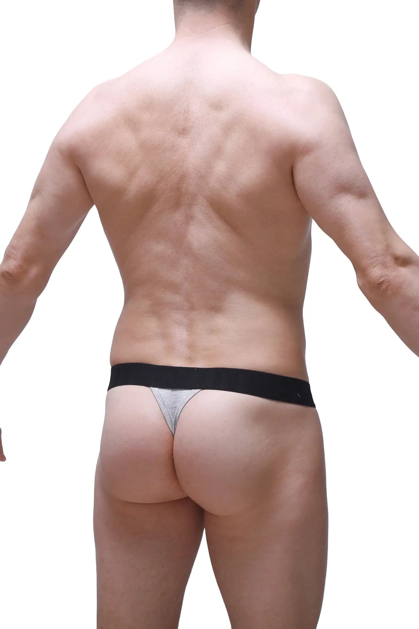 Silver petitq g-string attin gray with black waistband featuring a thong style and shiny silver fabric front view