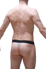 Silver petitq g-string attin gray with black waistband featuring a thong style and shiny silver fabric front view