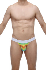 Petitq g-string Aubiat rainbow with rainbow sequined briefs and white waistband front view