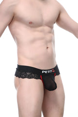 Black lace-trimmed mens g-string with sheer mesh front red stitching and petitq logo on waistband petitq blécourt black