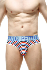 Mens petitq g-string chill stripes grandrieu with bold red blue and black diagonal stripes and light blue waistband