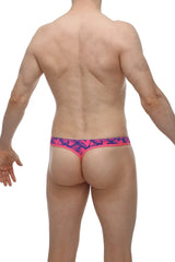 Bright pink and navy blue petitq g-string with tropical leaf pattern thong showing front side design