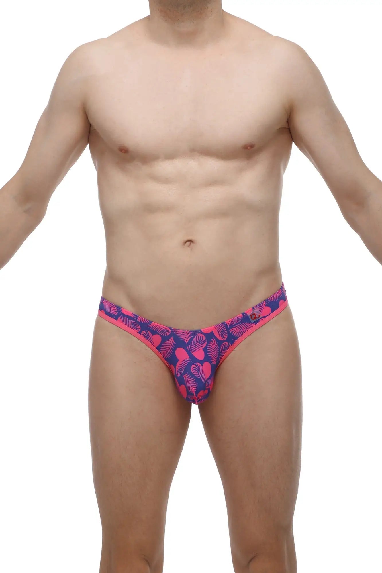 PetitQ G-string Cleder Tropical Hearts vibrant pink and navy blue briefs with tropical leaf pattern front view