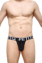 Black petitq g-string gaston satin jockstrap with wide waistband featuring white lettering front view