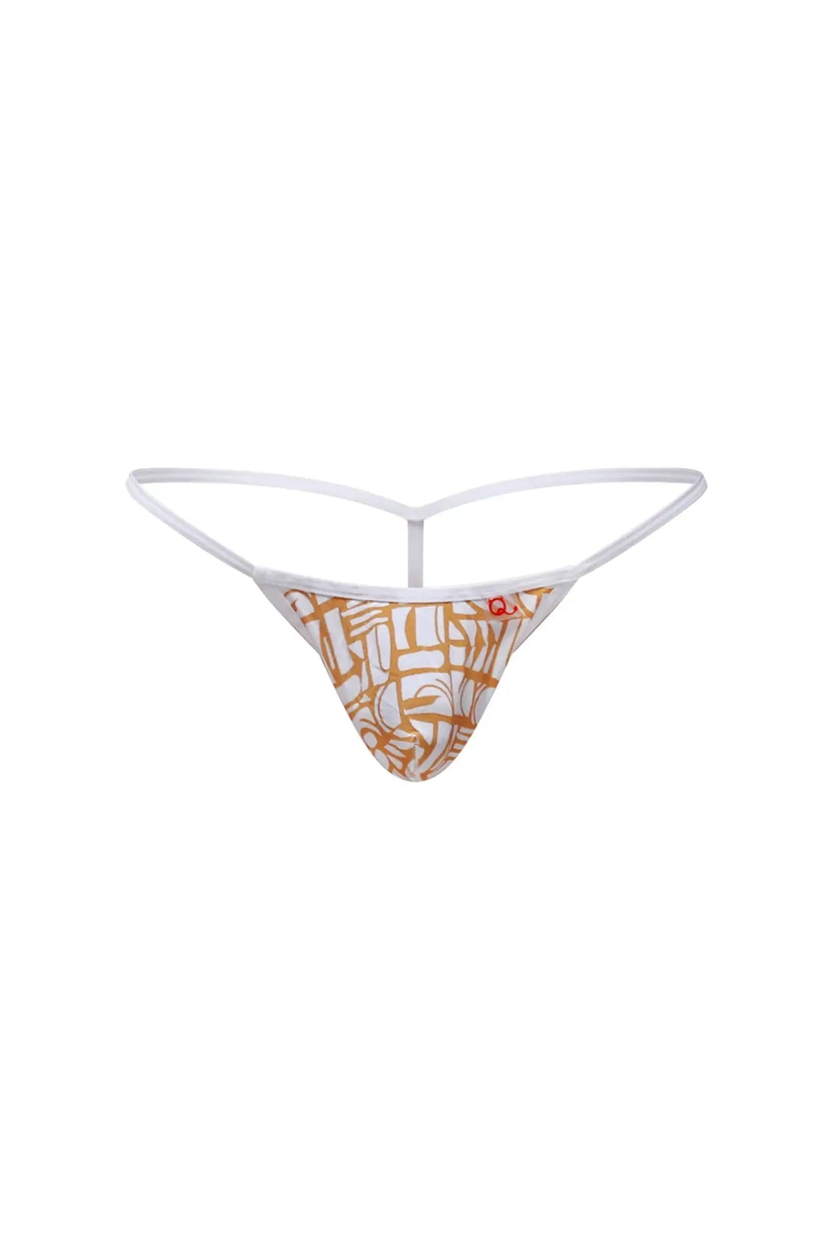White thong g-string with orange and white abstract geometric pattern by petitq herat carlot