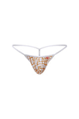 White thong g-string with orange and white abstract geometric pattern by petitq herat carlot