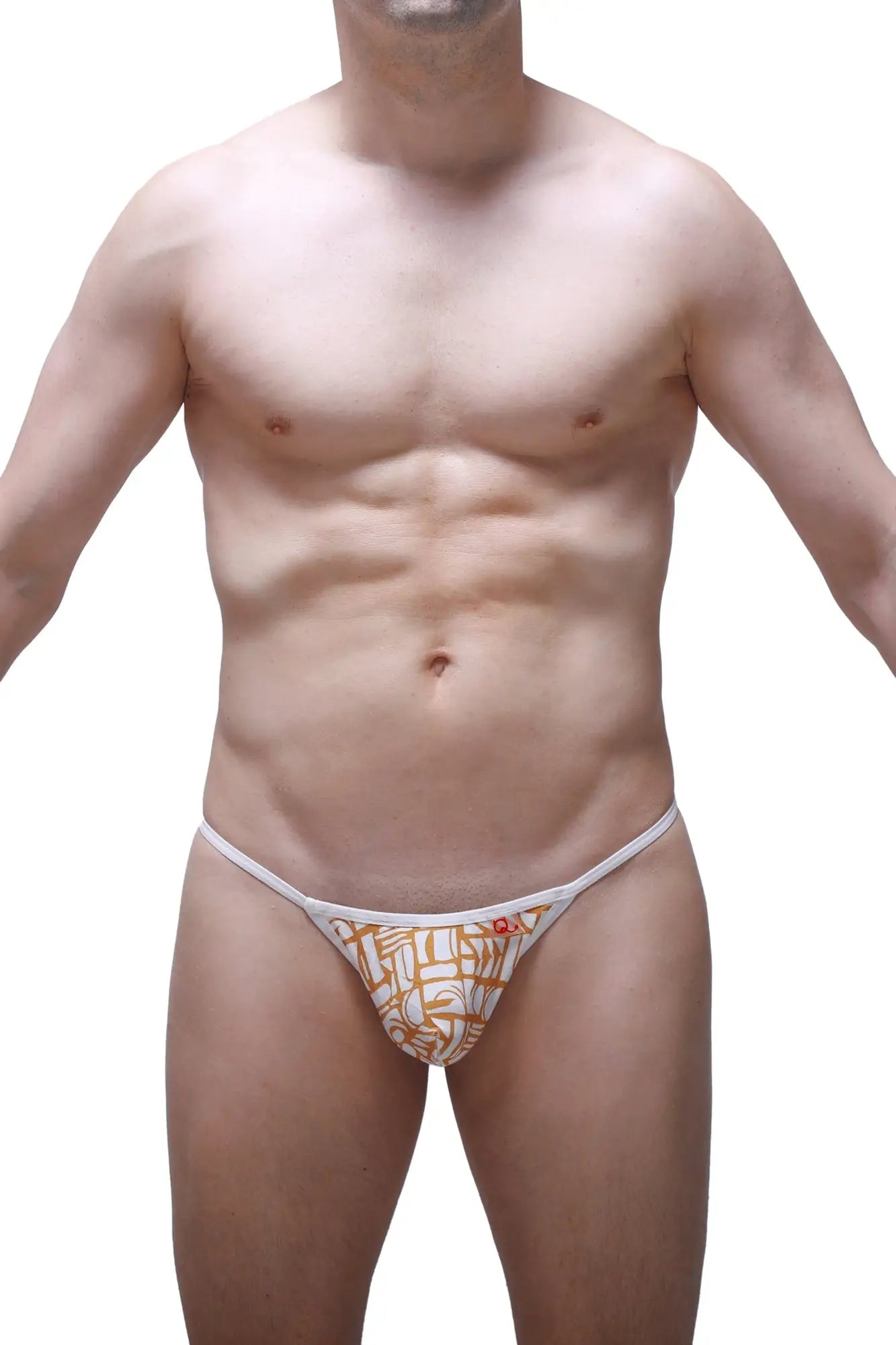 White thong g-string petitq herat carlot with orange geometric pattern and small red logo on the side