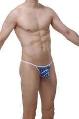 Blue and white patterned thong with thin matching waistband from PetitQ G-String Herat New Denim collection