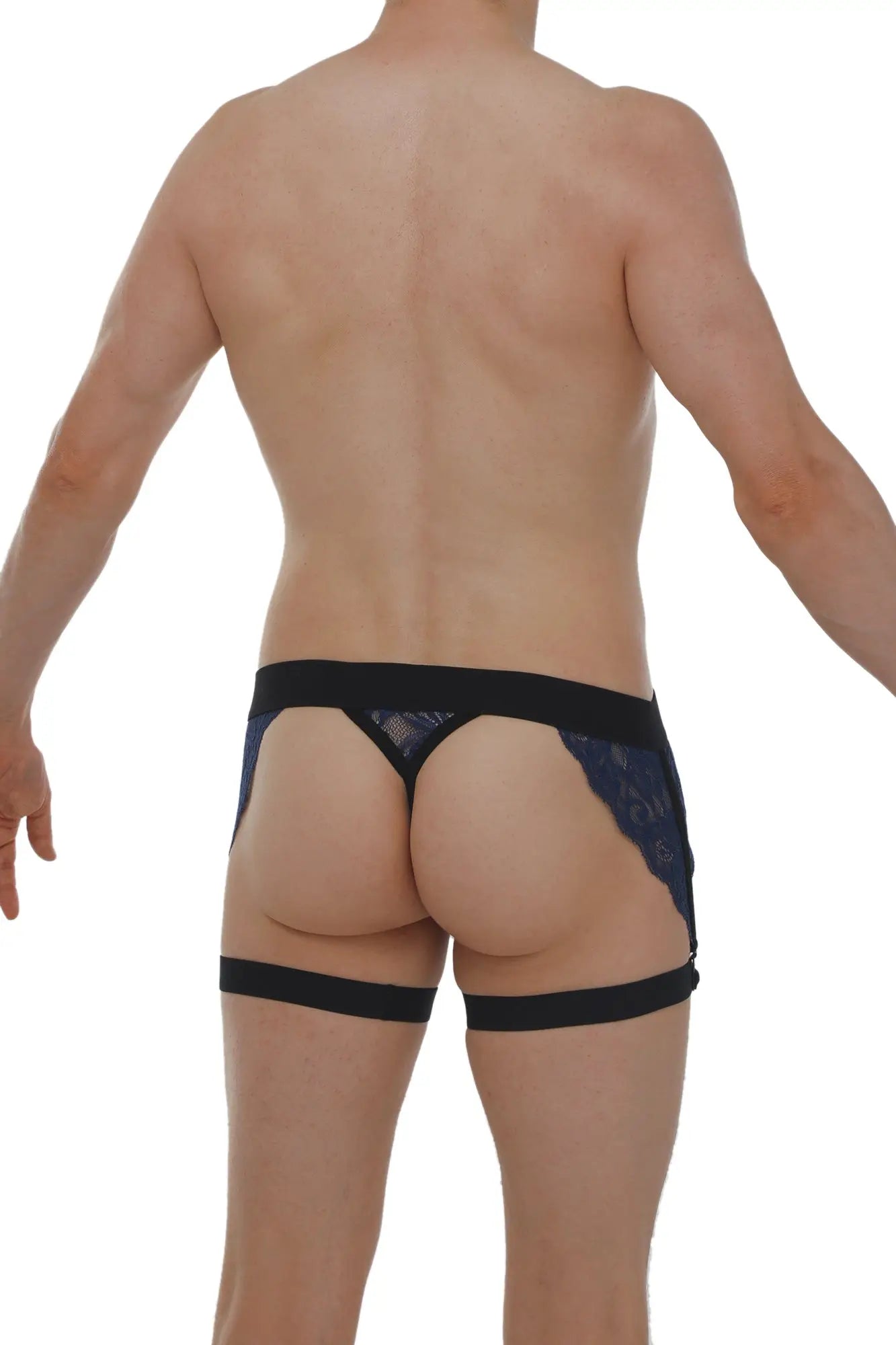 Black lace thong with matching leg straps in navy featuring intricate lace design for elegant lingerie wear