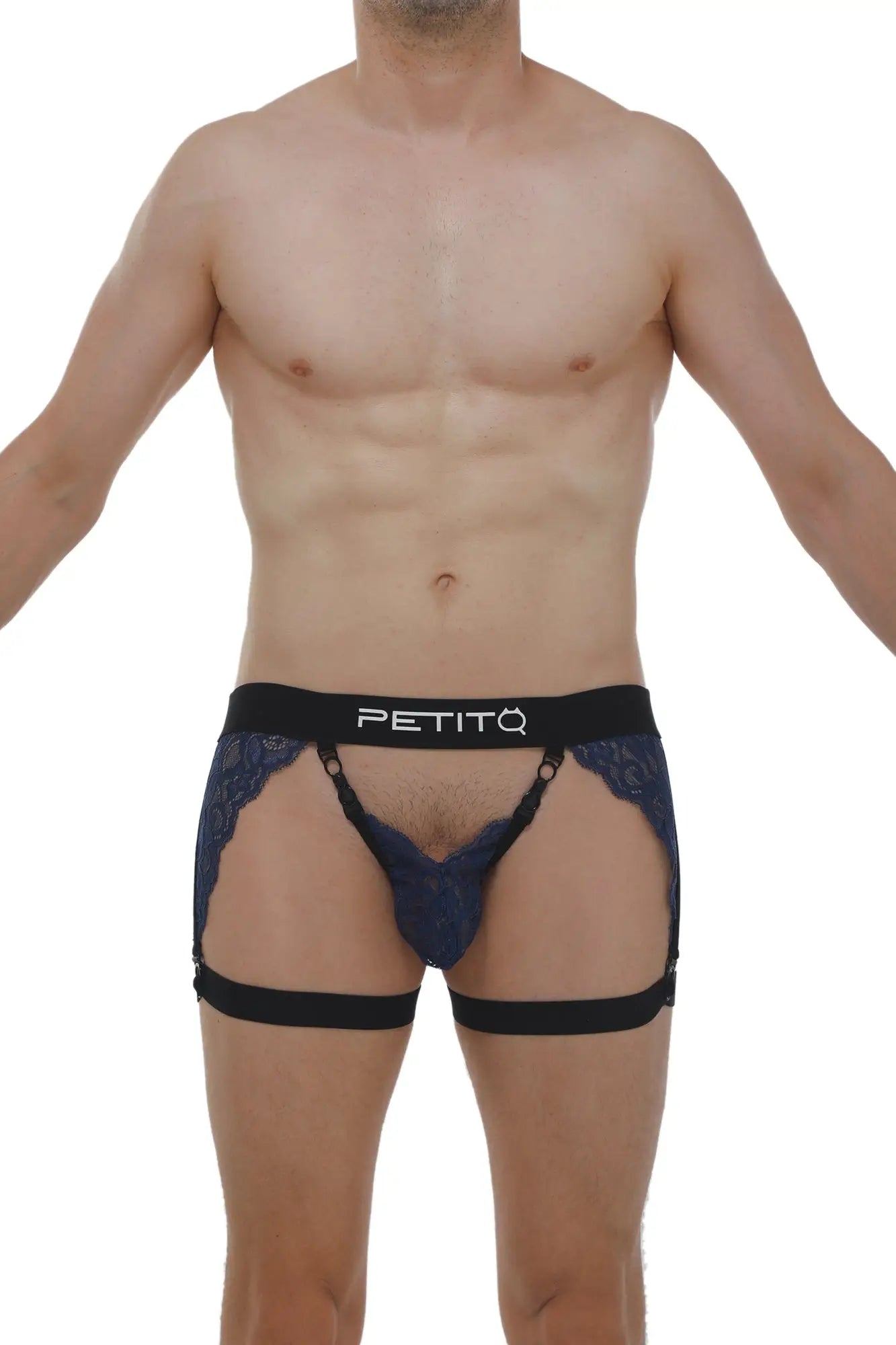 Dark blue lace trimmed men’s briefs with black elastic waistband and leg straps featuring petitq logo by lurris lace navy g-string