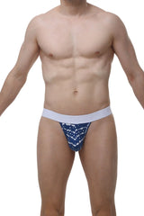 Men’s briefs with blue and white pattern and solid white waistband from PetitQ G-string Saleon New Denim collection