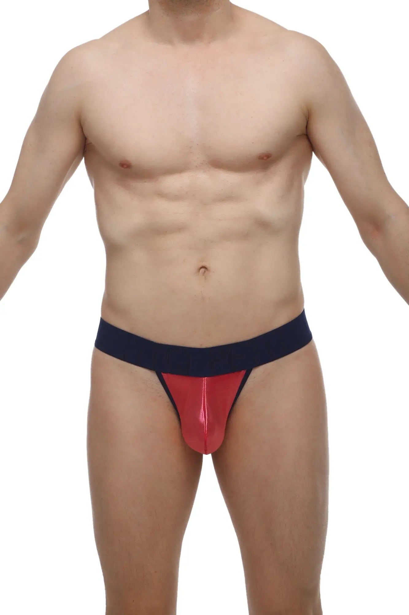 Petitq g-string saleon satin pink red and navy blue latex thong with glossy finish shown from the back side