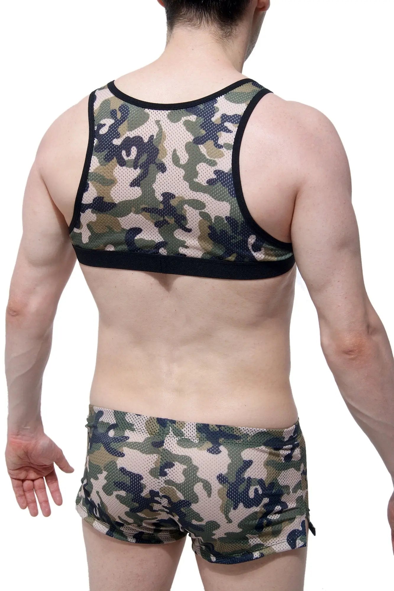 PetitQ Harnais Taranis Army camouflage mesh tank top with black trim showing front side design