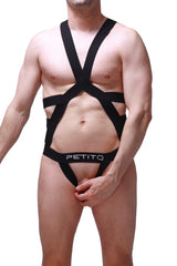 Black PetitQ jock harness bodysuit with crisscross straps and waistband shown from the back side