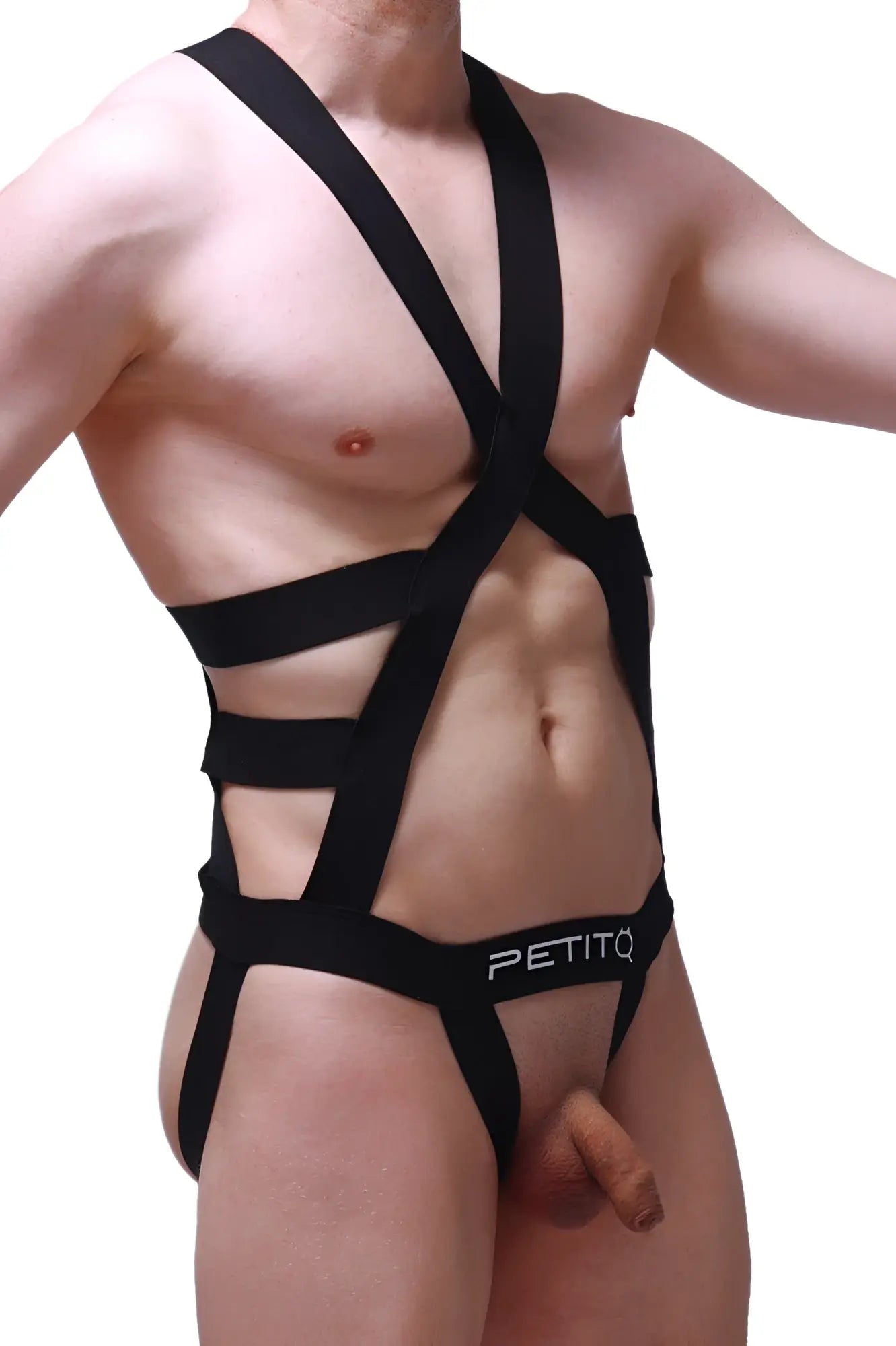 Black petitq jock harness champol bodysuit with crisscross straps and cutout design in harness style