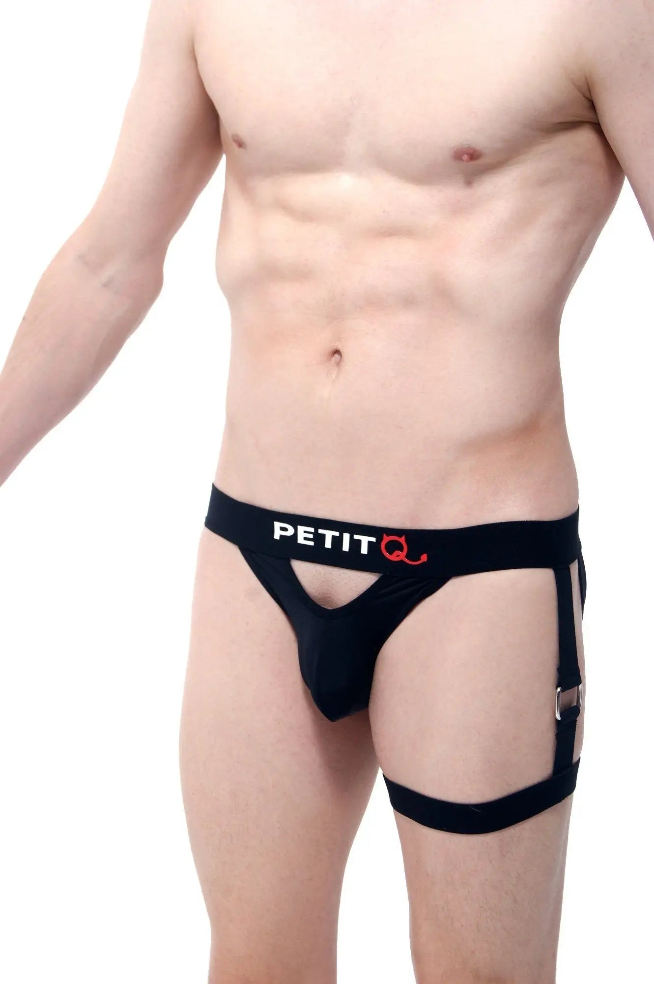 Black petitq men’s briefs with side straps and red logo designed for comfort and support in active wear