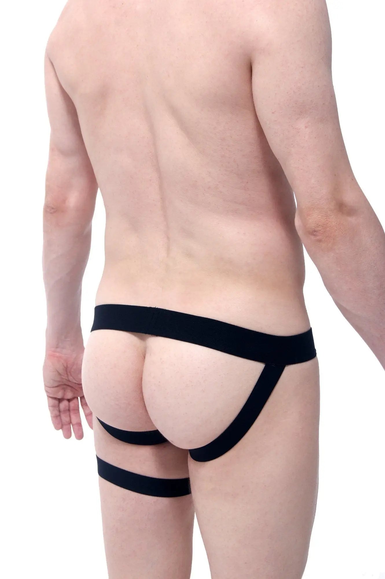 Black stretchy fabric briefs with supportive design and leg straps from petitq jockstrap petitq adventure black