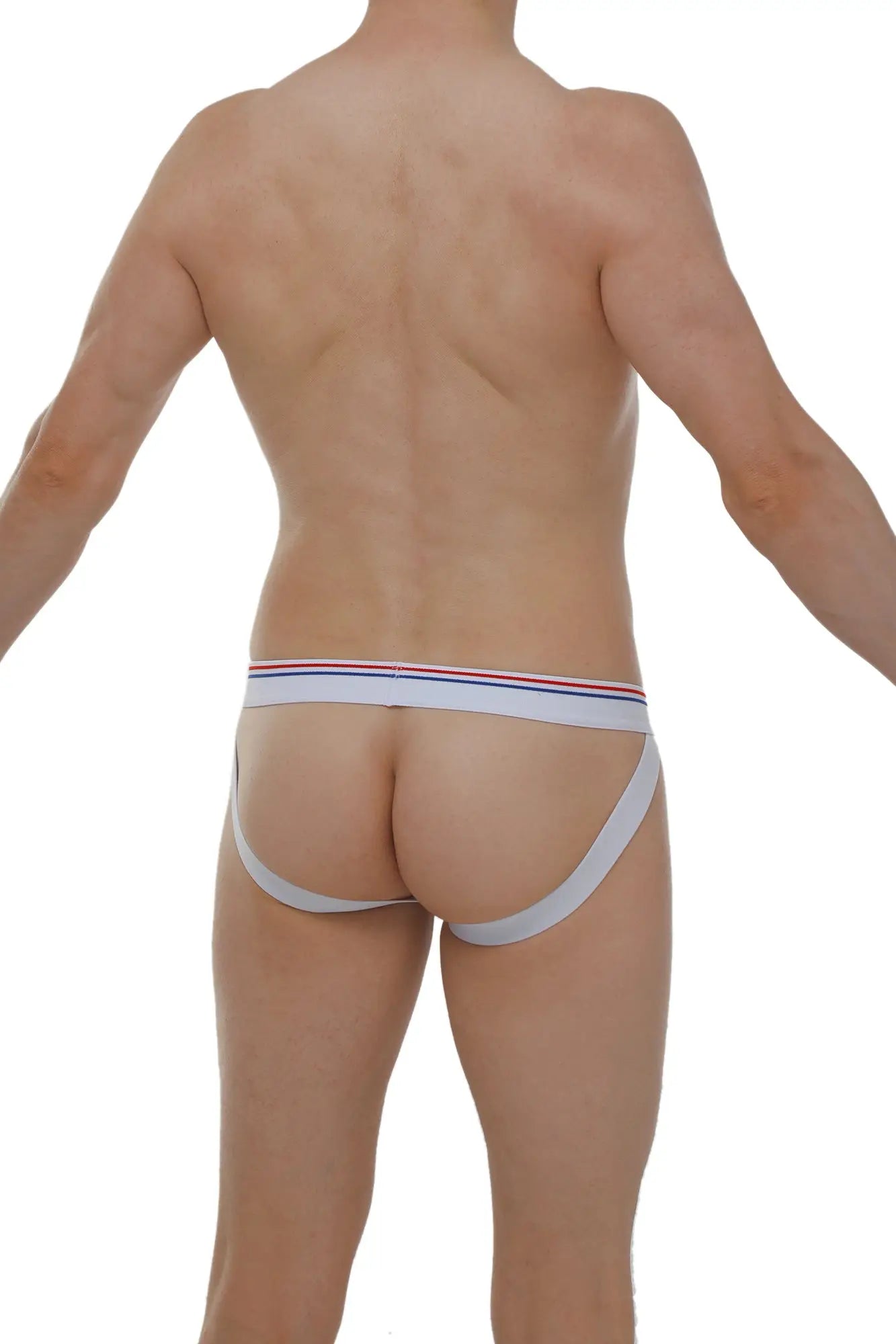 White petitq jockstrap briefs with a thin red white and blue striped waistband made from soft modal fabric