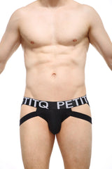 Petitq jockstrap armix black briefs with contrasting white logo band and side straps for a bold look