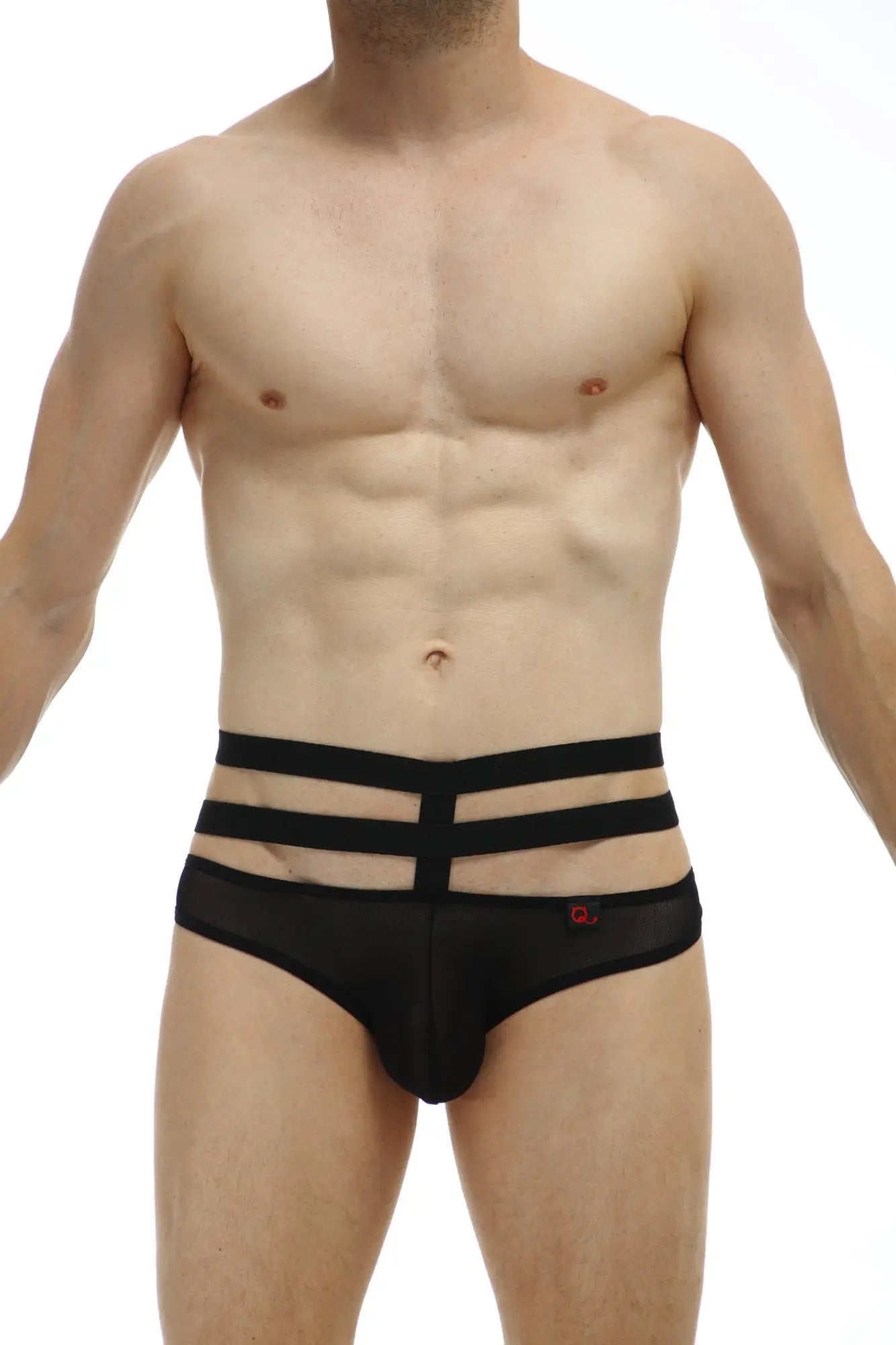 Black petitq jockstrap bassan net men’s briefs with three straps sleek modern design and subtle red logo on side
