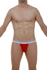 Petitq jockstrap blyes modal red red athletic briefs with white waistband featuring thin red and blue stripes