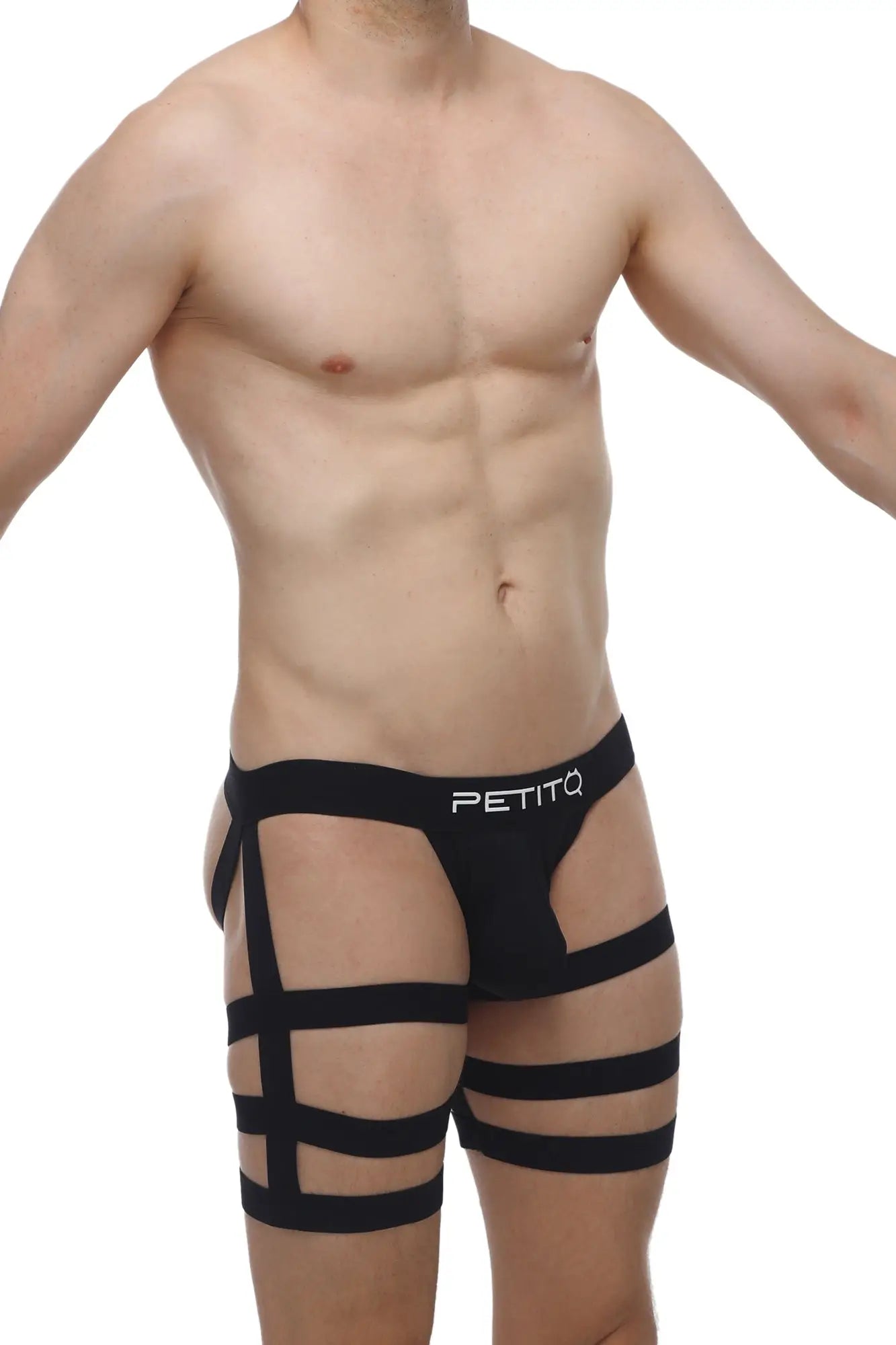 Black petitq jockstrap bondage men’s briefs with bold geometric strap design for edgy style