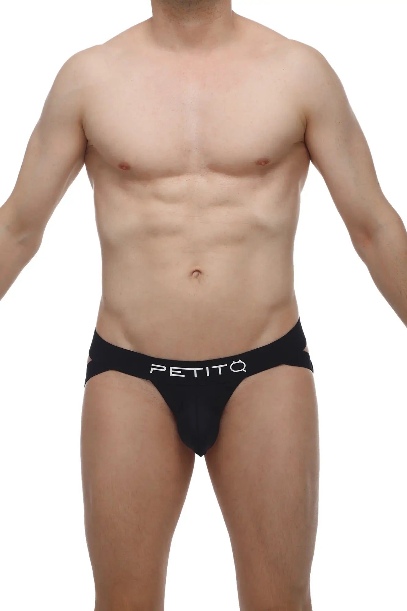 Black petitq jockstrap brucy briefs with sleek form-fitting design and white logo on waistband