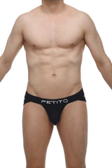 Black petitq jockstrap brucy briefs with sleek form-fitting design and white logo on waistband