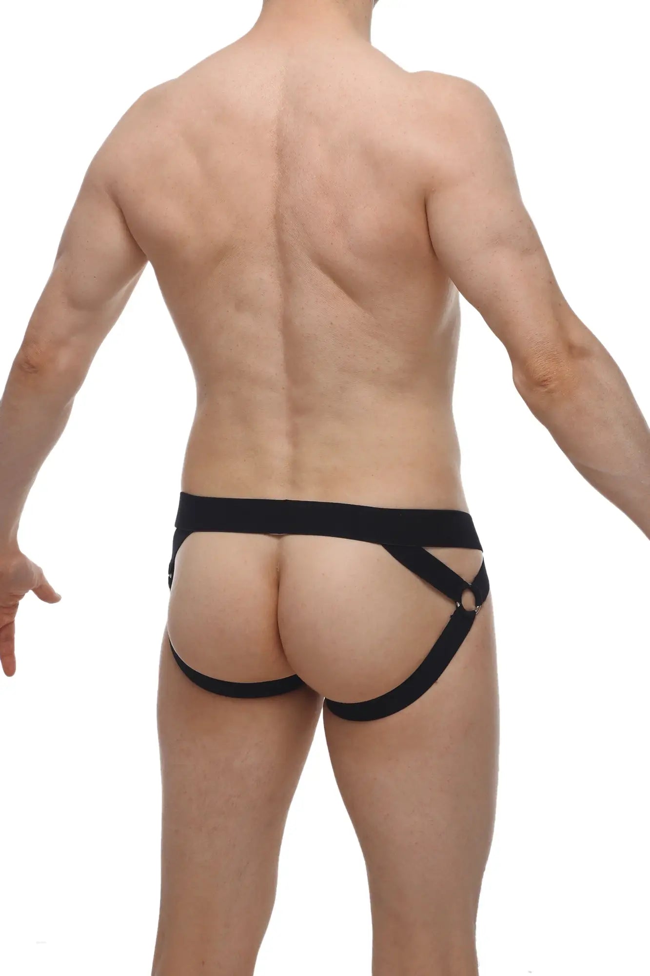 Black leather-like petitq jockstrap brucy briefs with central waistband and diagonal harness-style straps