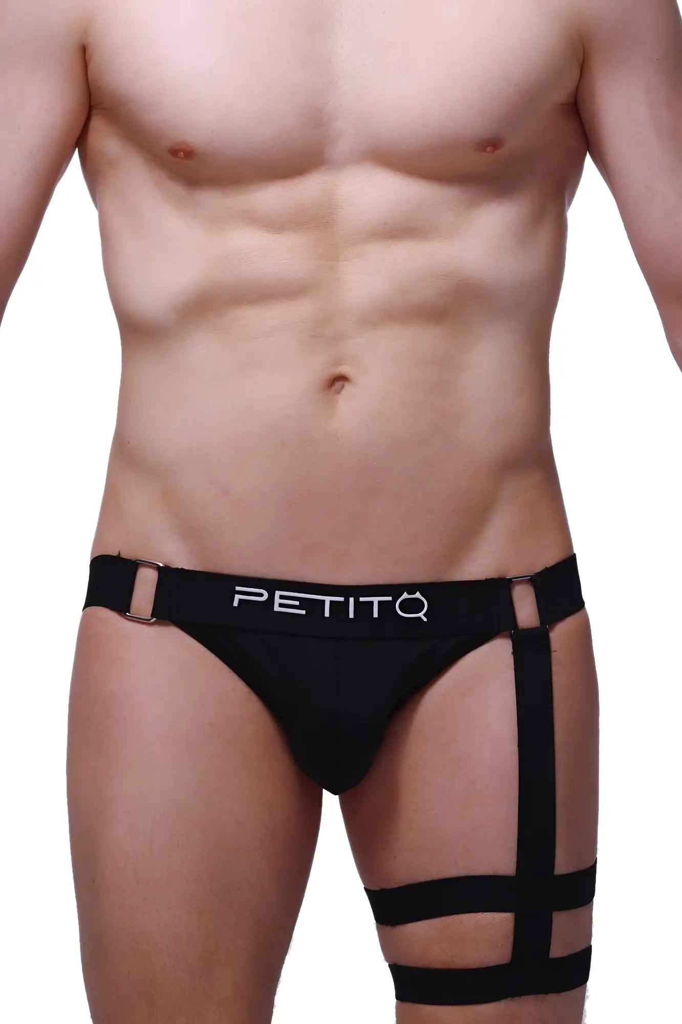 Black petitq jockstrap calenge briefs with adjustable leg straps and metallic buckle for comfortable support