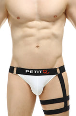 White and black petitq jockstrap calenge mens briefs with bold strappy design and supportive material