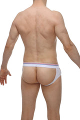 White petitq jockstrap chery modal briefs with thin red white and blue striped waistband made of soft fabric