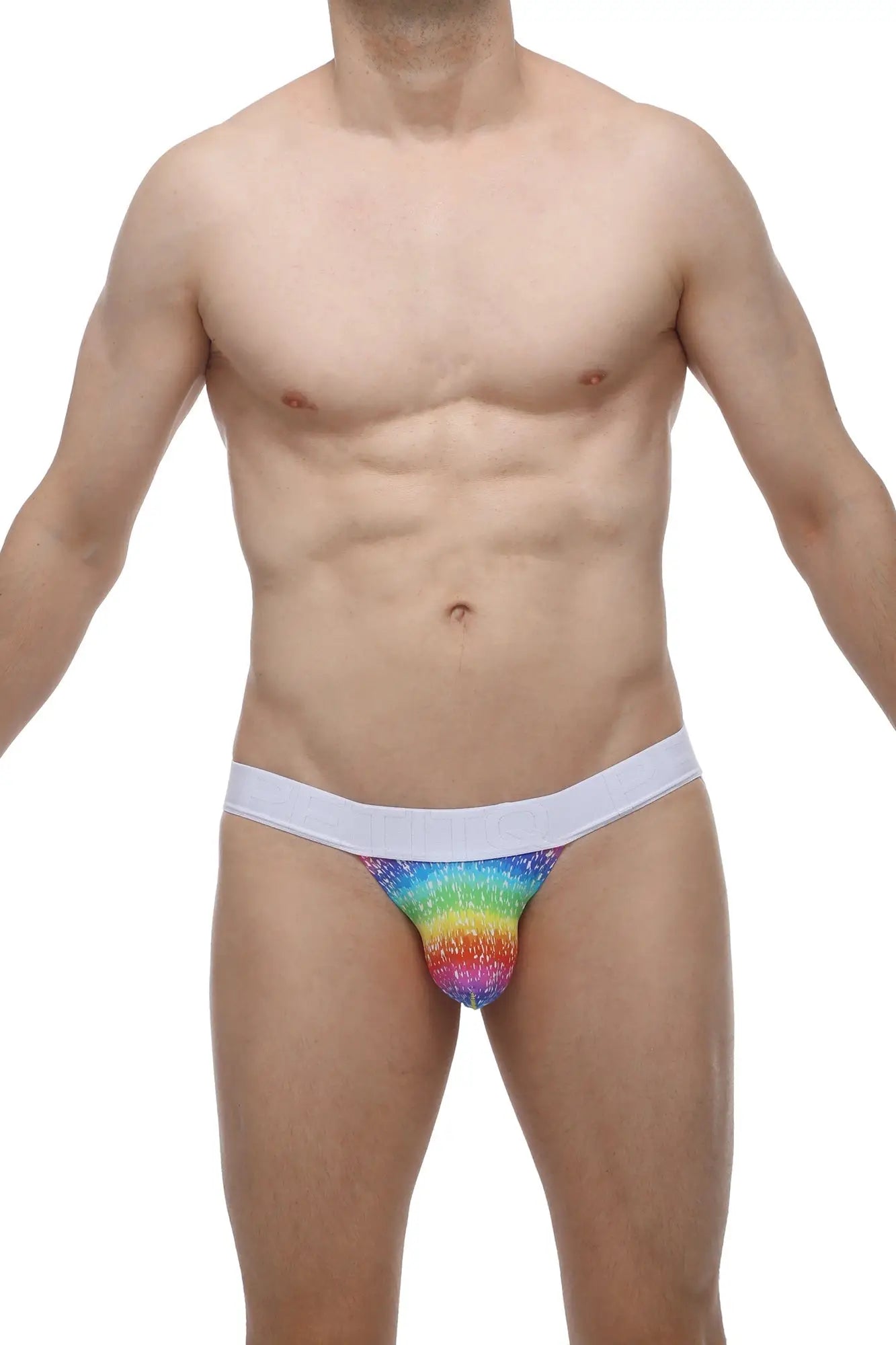 PetitQ jockstrap chill rainbow rainbow patterned men’s briefs with a white waistband for comfortable support