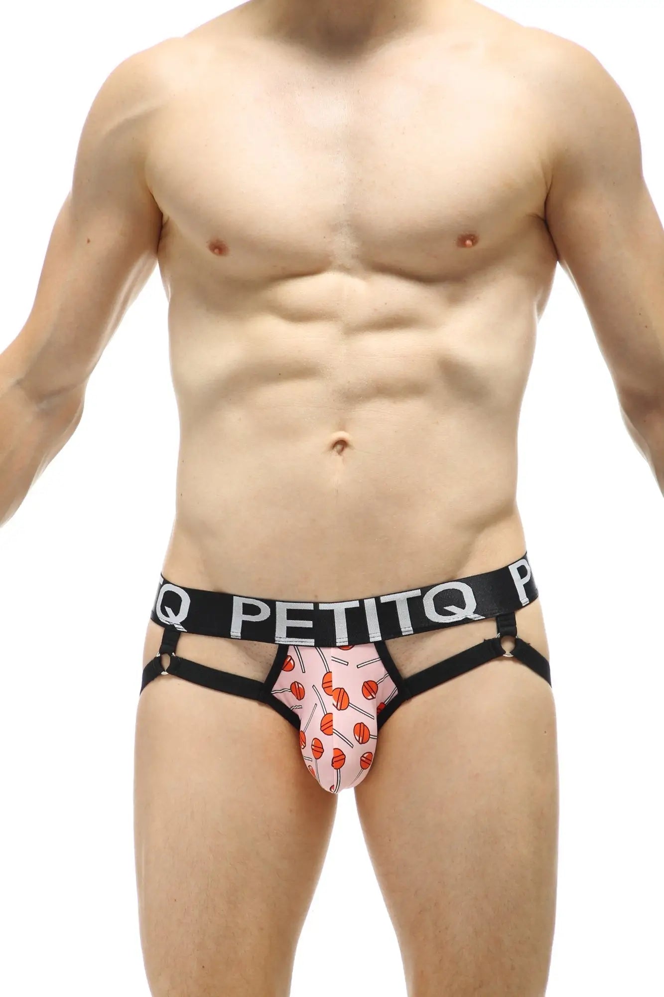 PetitQ jockstrap ciran lollipop pink lollipop-patterned men’s briefs with black elastic waistband and side straps
