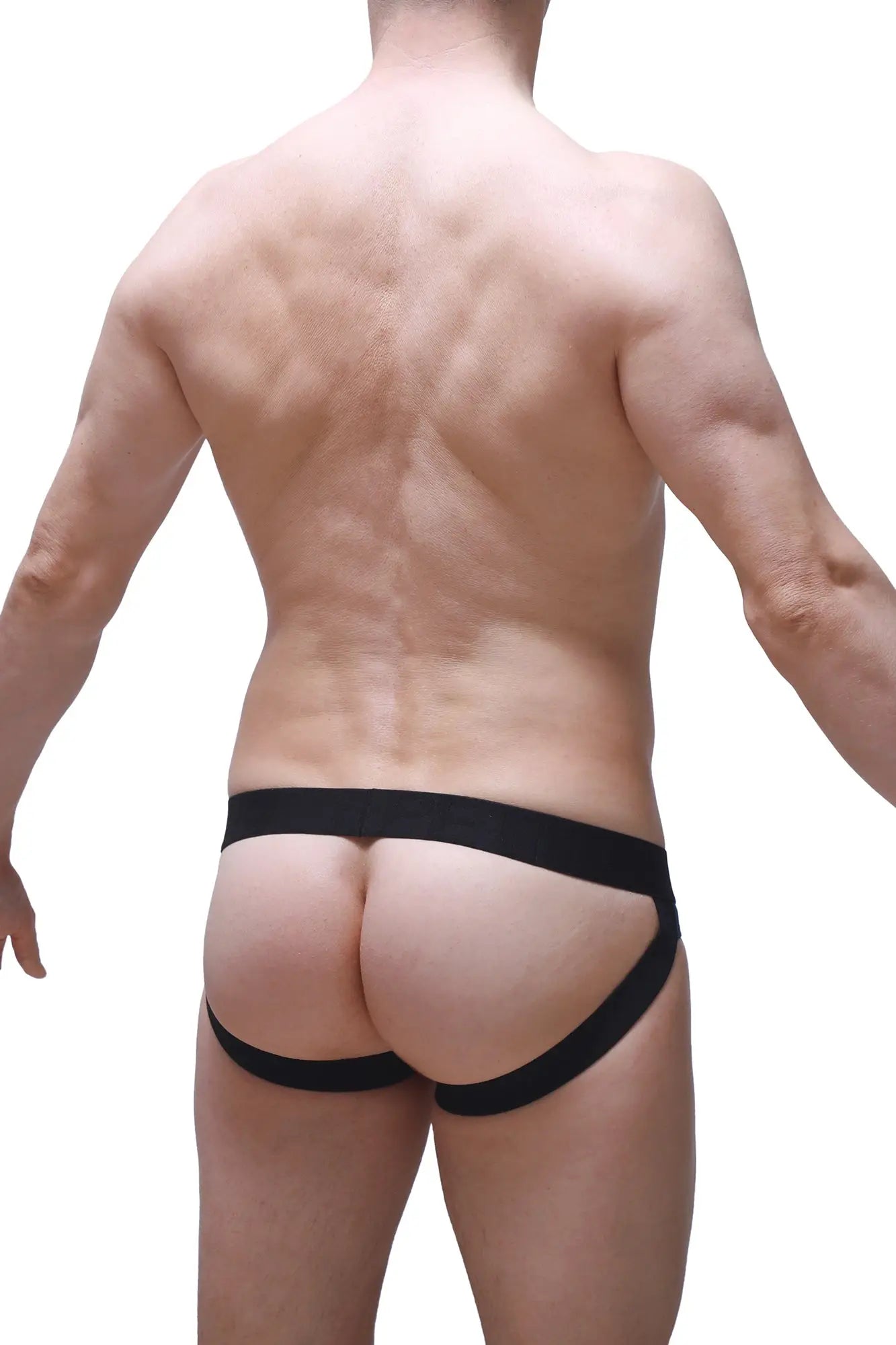 Black athletic briefs with snug supportive fit and elastic waistband shown from the back for PetitQ jockstrap cockring prussian blue
