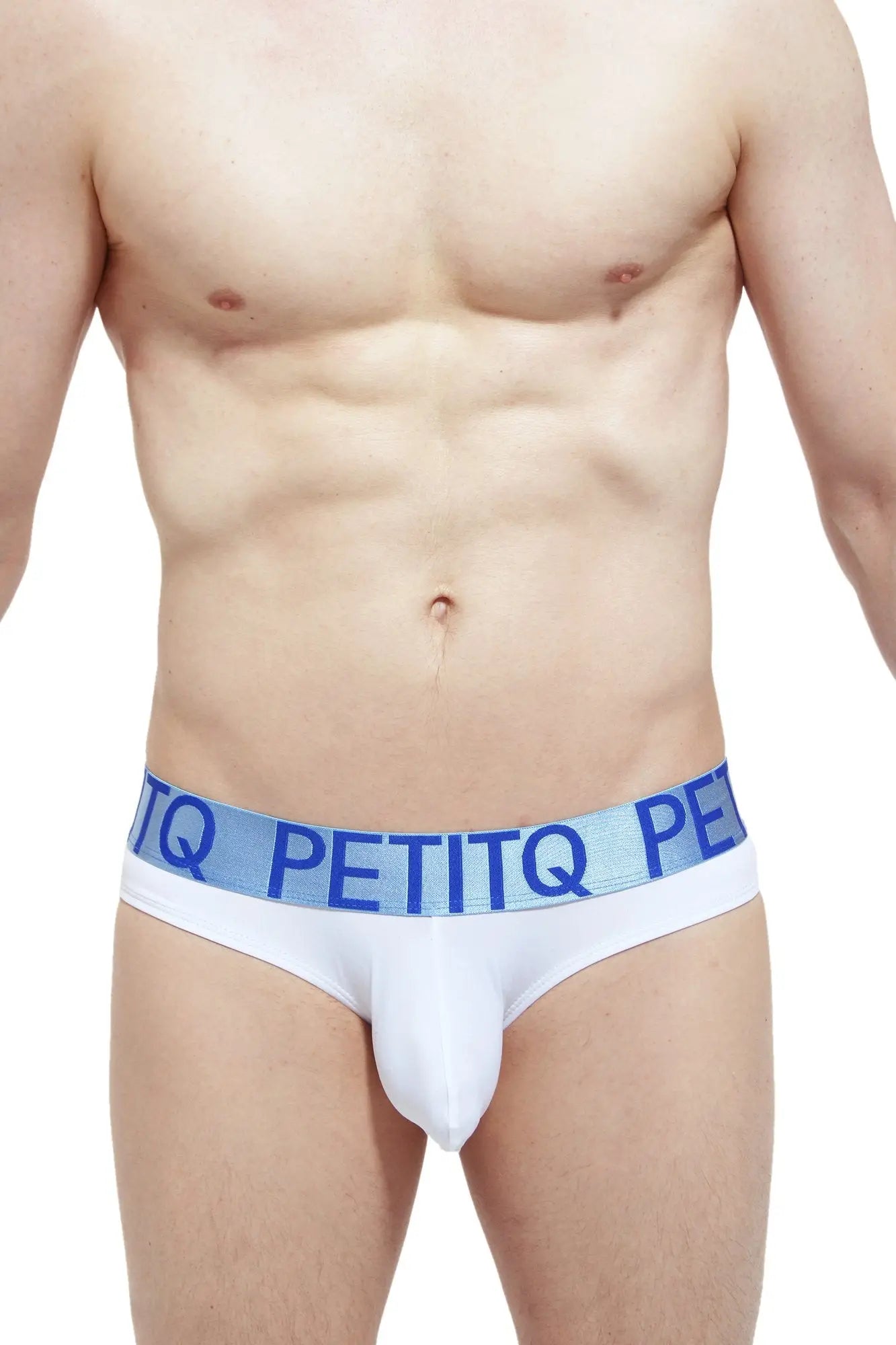 White petitq briefs with light blue elastic waistband and bold navy blue lettering from petitq jockstrap petitq cruis collection