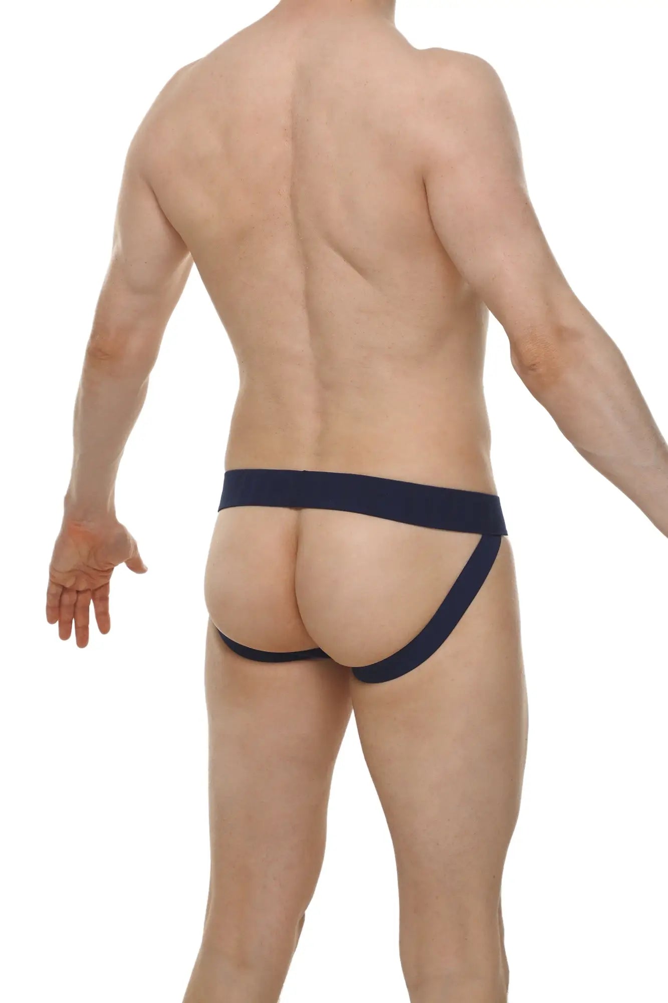 Navy blue jockstrap lace athletic briefs with snug fit and smooth fabric finish for supportive wear