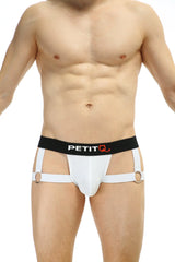 White petitq jockstrap briefs with black waistband and white harness straps featuring metal rings shown from back