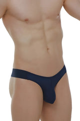 Navy blue petitq jockstrap muy plum navy thong with smooth form-fitting fabric and narrow waistband shown from the back