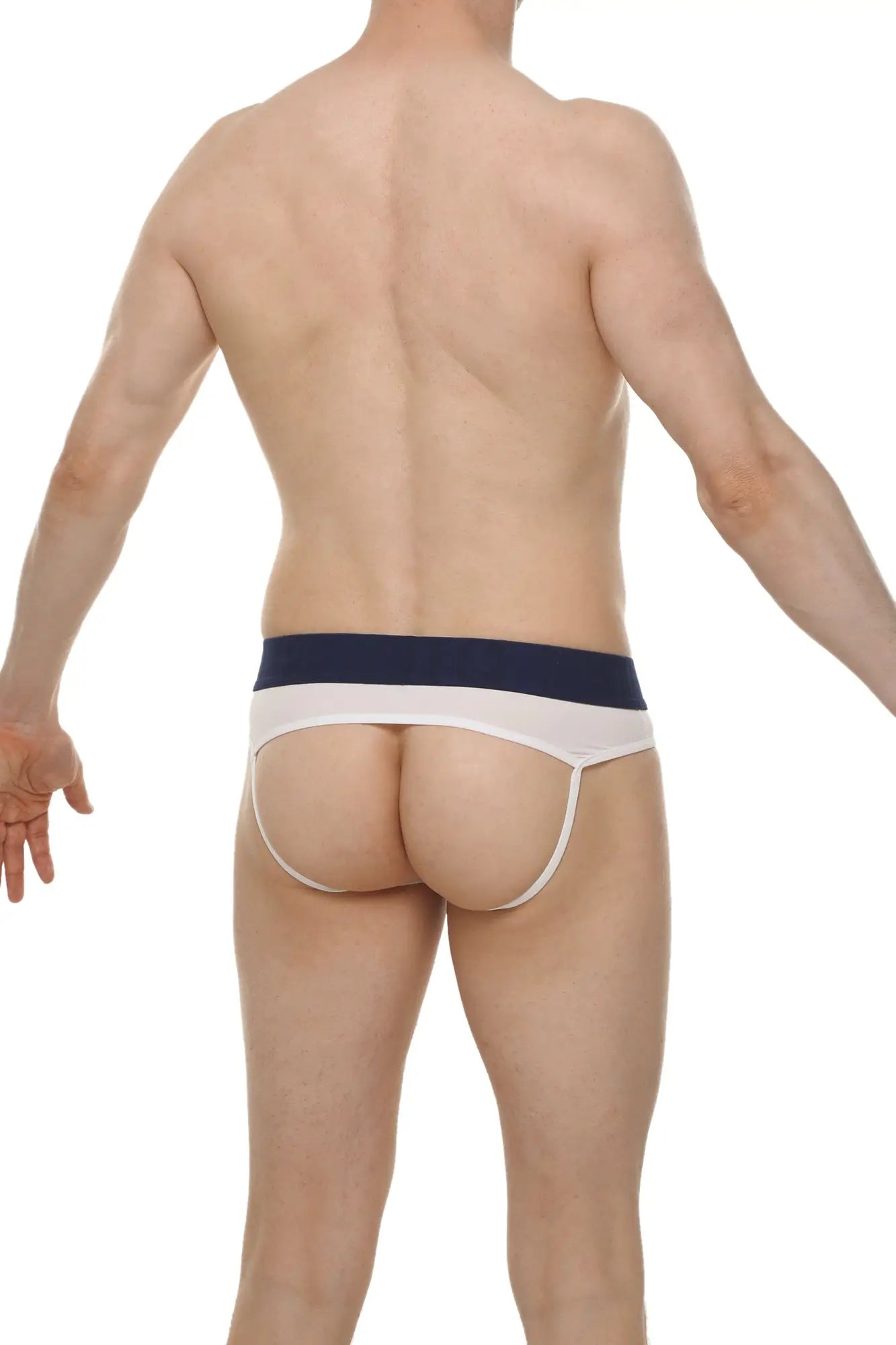 White and navy blue jockstrap briefs with narrow waistband designed for open skine comfort and support