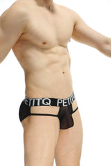 Black mesh petitq jockstrap osmoy net briefs with bold white logo band across the waistband