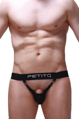 Black petitq jockstrap pinces thong with sleek minimalist design and subtle white logo on the waistband