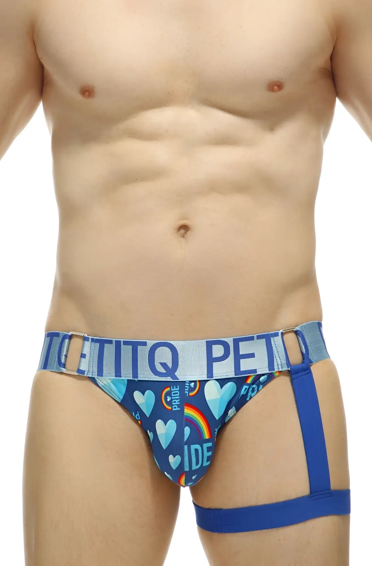 Blue patterned petitq jockstrap prenay pride briefs with heart and rainbow designs and light blue waistband