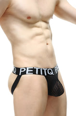 Black mesh briefs with a bold white petitq logo band from the petitq jockstrap protruder durtol collection