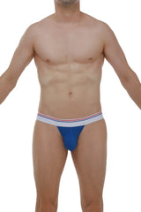 Blue petitq jockstrap protruder modal briefs with white waistband and thin red and blue stripes