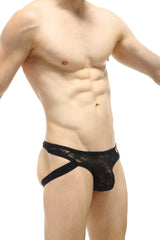 PetitQ jockstrap thong lace black featuring a sheer intricate pattern with solid black fabric straps visible from the back