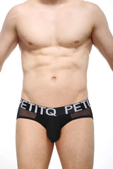 Black petitq jockstring briefs with sheer mesh waistband featuring bold white brand name logo