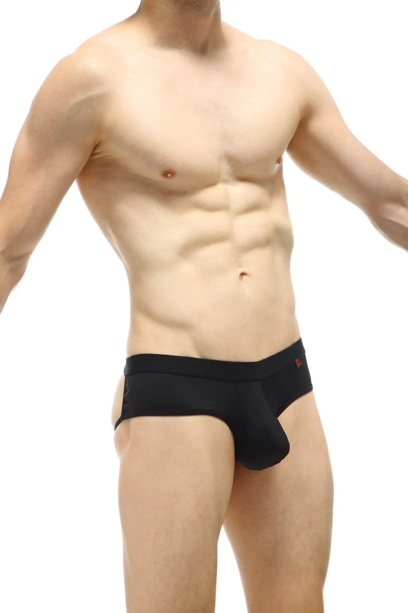 Petitq jockstring brioux noir black men’s briefs with snug fit and small red logo on waistband showing the back side