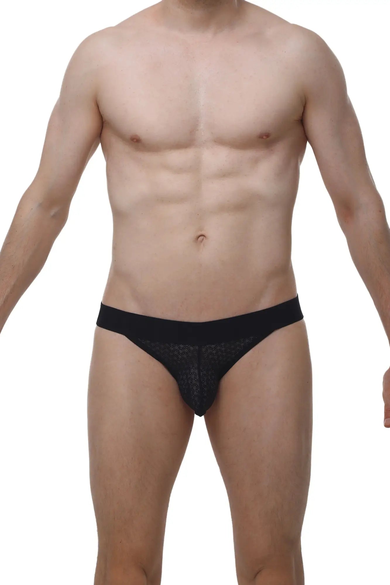 PetitQ Jockstring Macra Black black lace-trimmed briefs with textured sheer fabric and solid waistband front view
